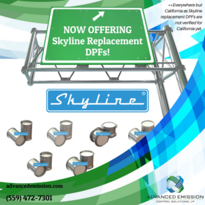 Shows sign with Now Offering Skyline Replacement DPFs and pictures of various DPFs