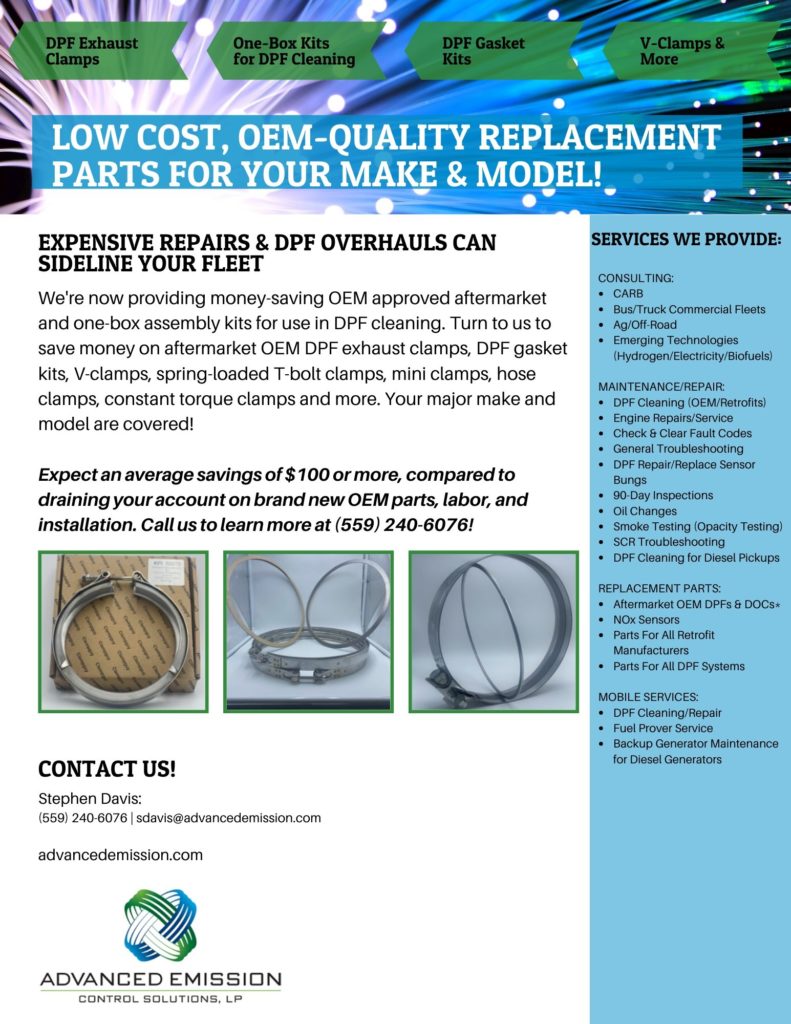 Flyer shows selection of aftermarket OEM DPF kits, v-clamps, & more